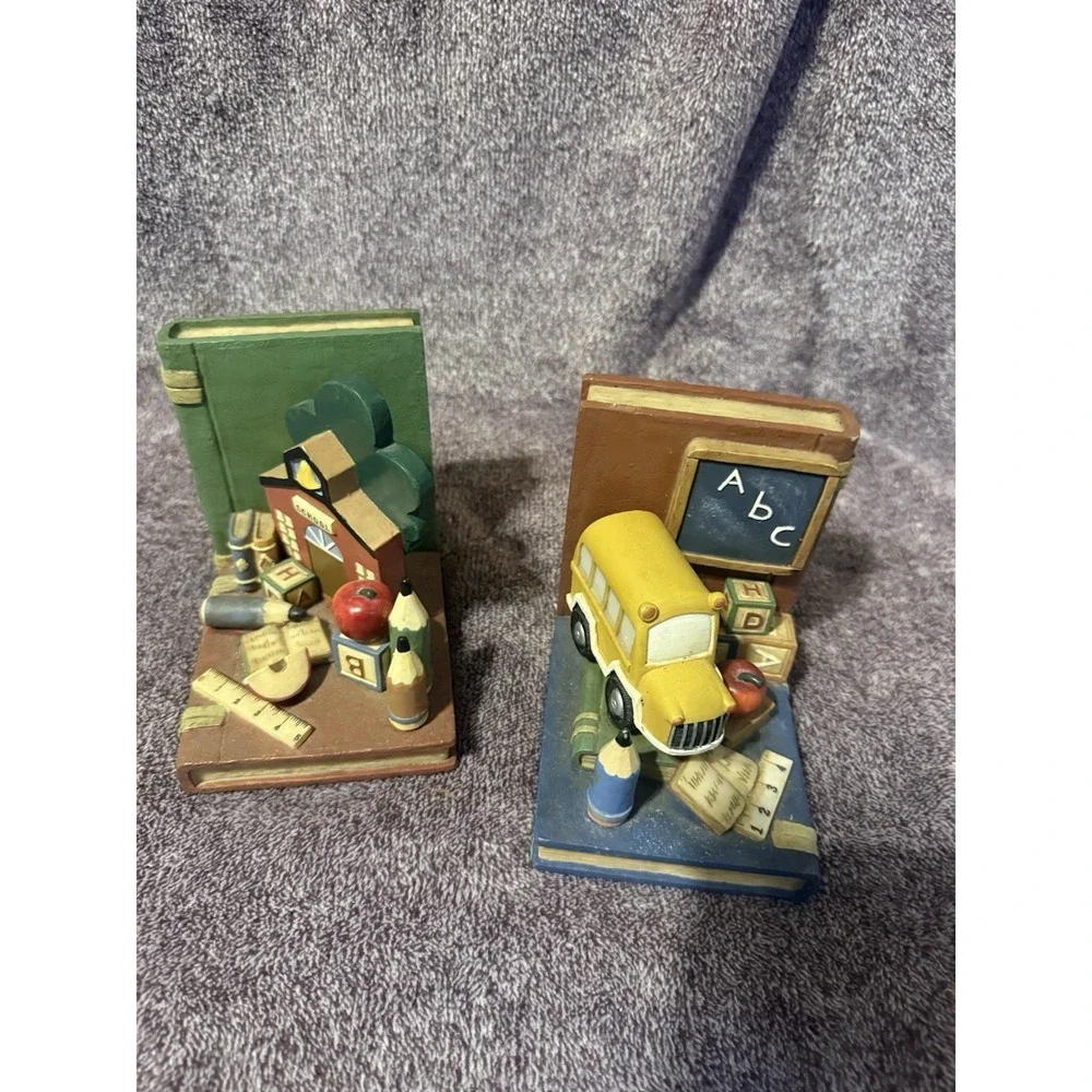 Vintage School Bookends Set Teacher Apple ABC Blocks Books Bus ‎ Decor Resin